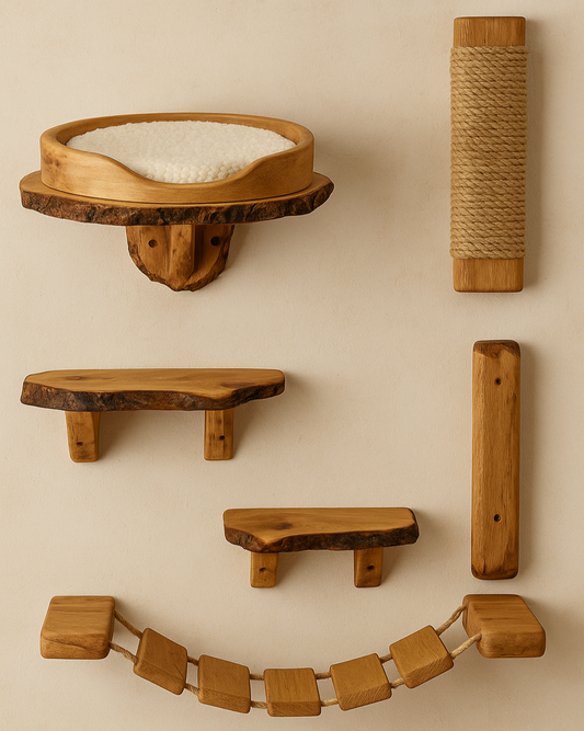 Set of wooden pet furniture including shelves and a scratch post on a beige wall.