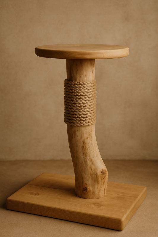 Wooden cat tree with a round platform and rope on a beige background
