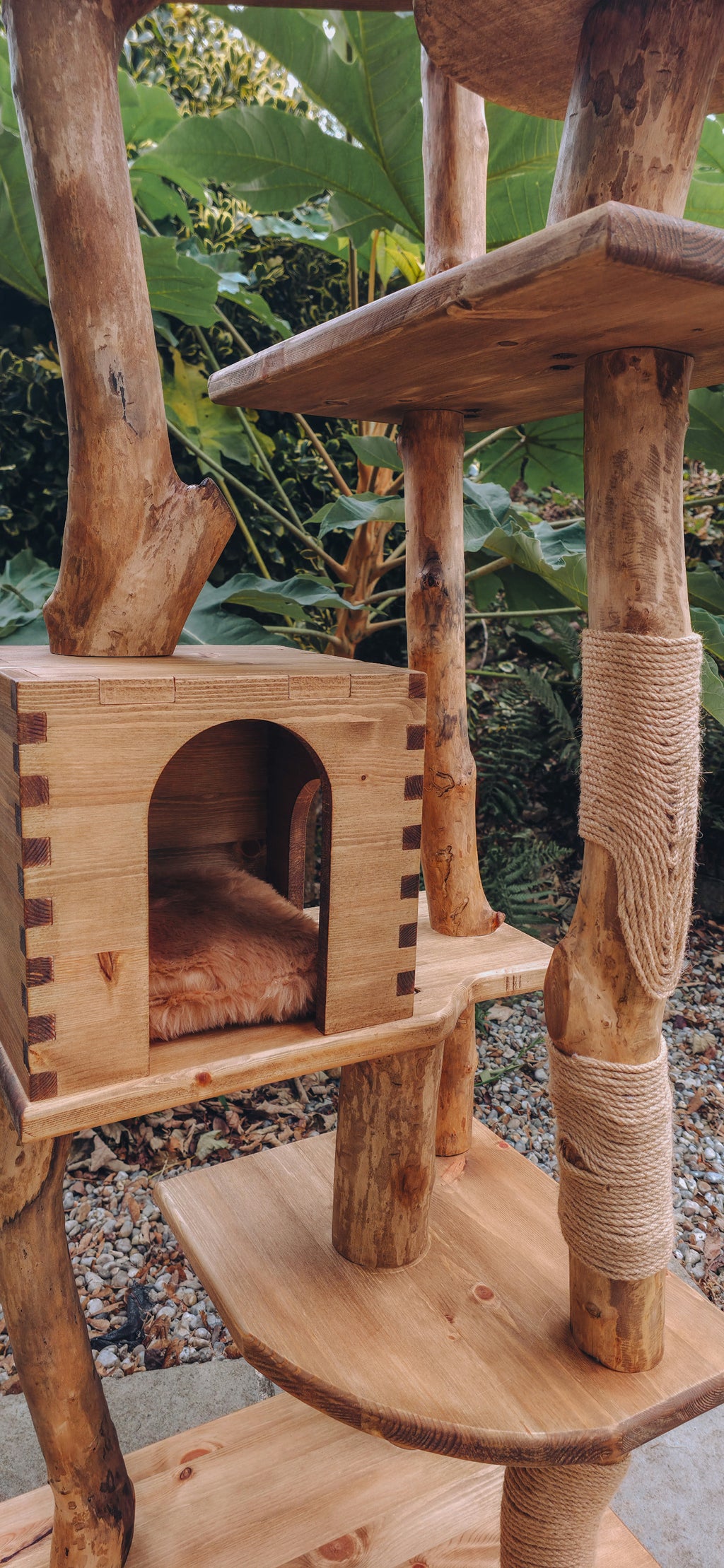 Wooden cat tree with multiple levels and a cushion, set against a natural background.