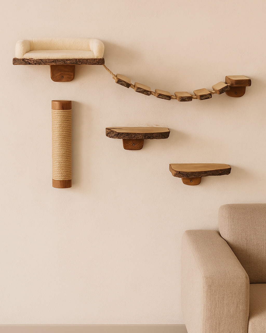 Cat climbing shelves and scratching post on a beige wall next to a sofa.