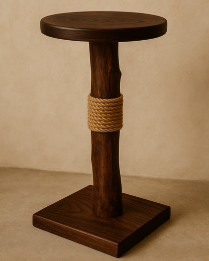 Wooden cat tree with a rope around the middle on a beige background