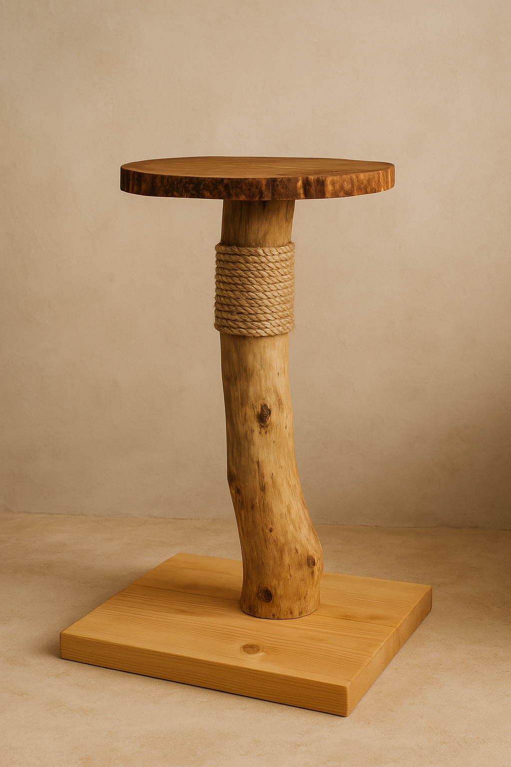 Wooden cat tree with a rope-wrapped base on a beige background