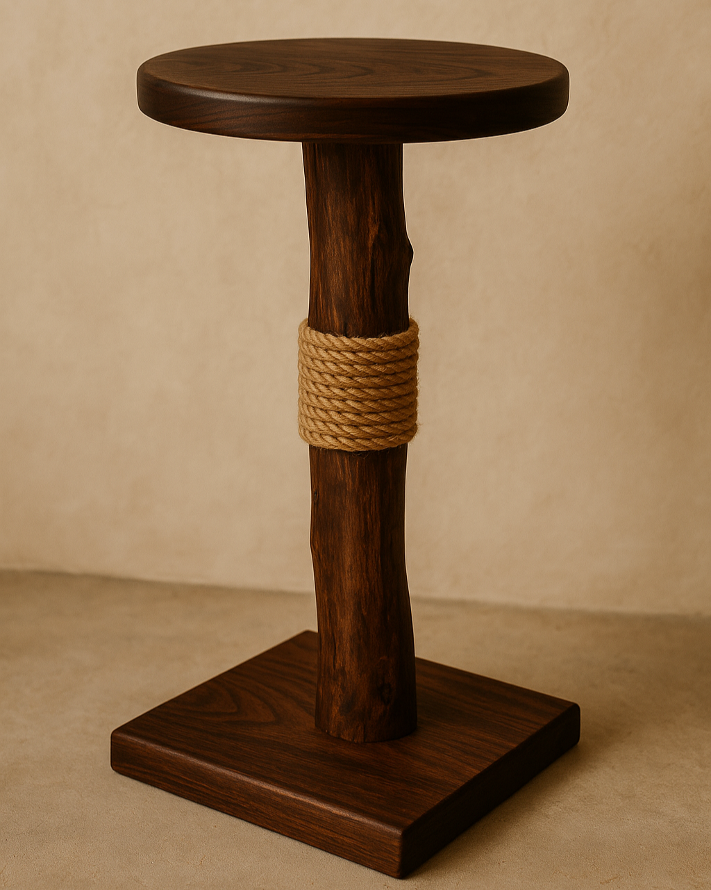Wooden cat tree with a rope around the middle on a beige background