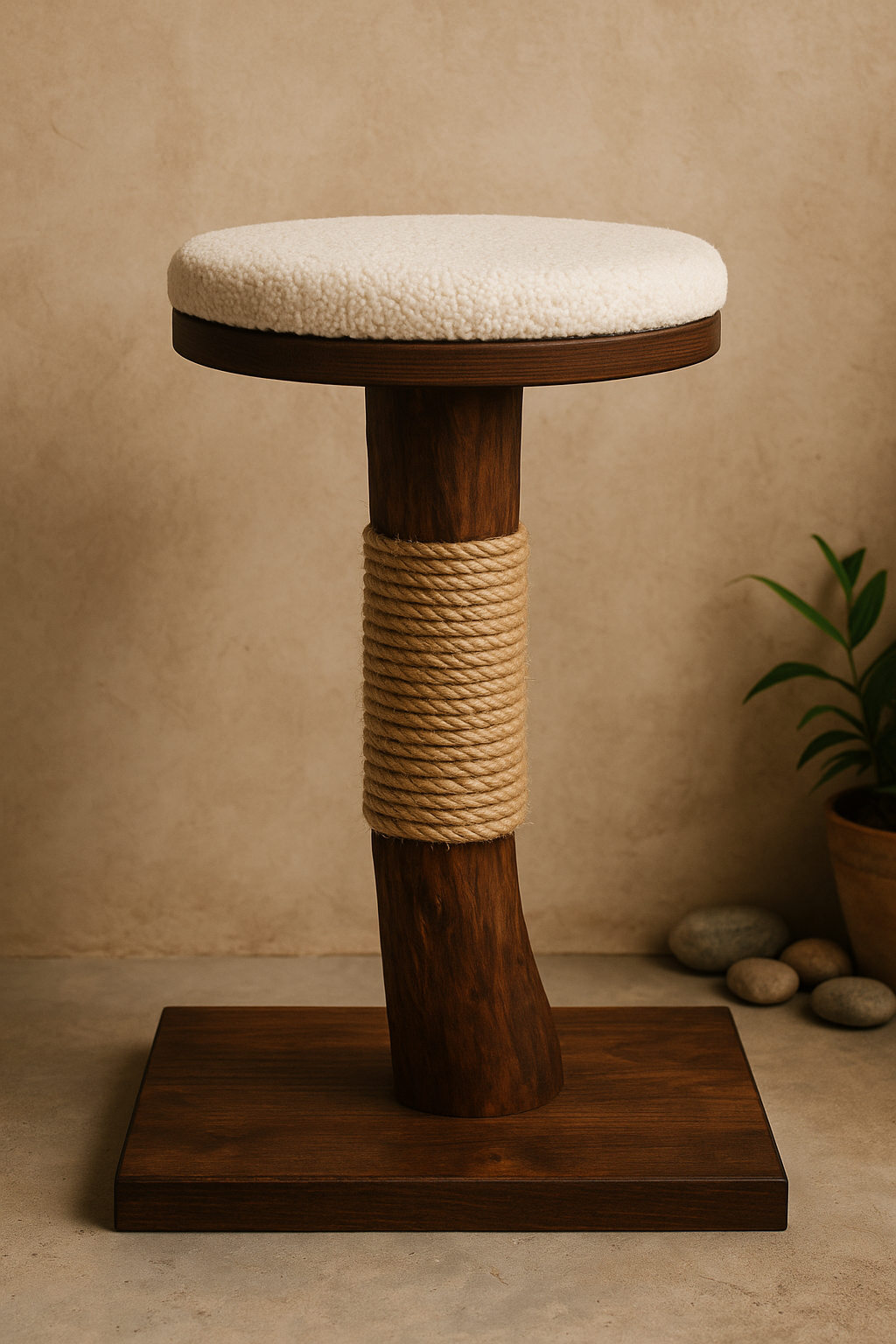 Wooden cat tree with a cushioned top and rope, against a beige wall.