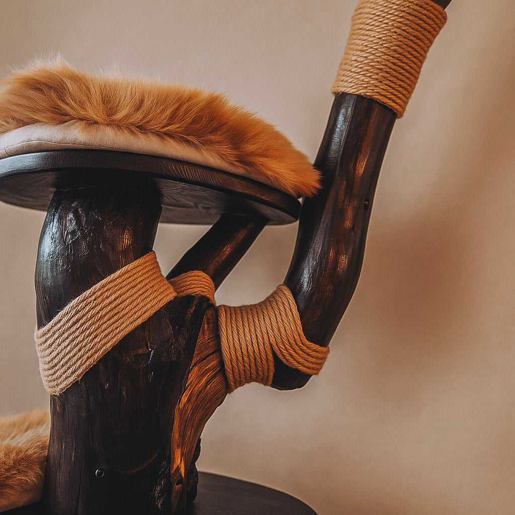 Wooden cat tree with fur cushion and rope, against a neutral background