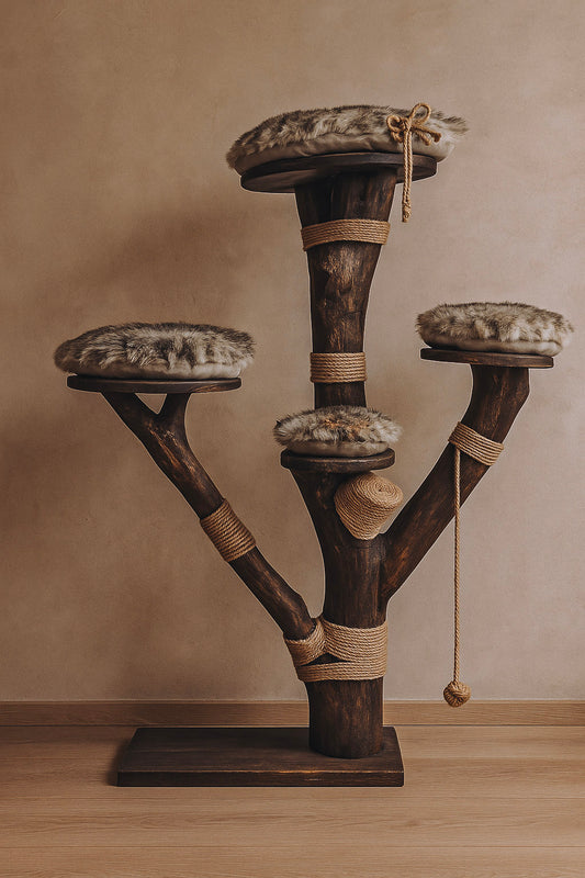 Wooden cat tree with multiple platforms fur cushions scratching posts and a rope toy.