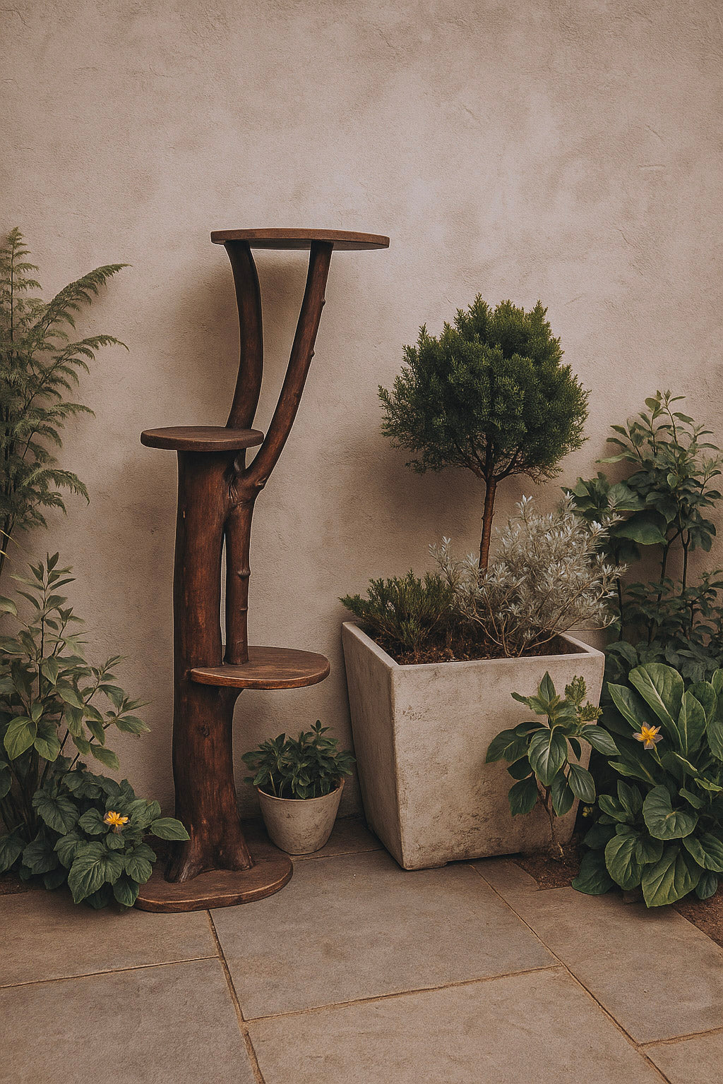 Wooden real branch plant stand with plants against a beige wall