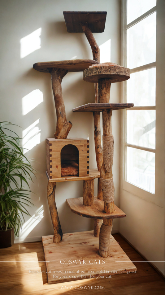 Wooden cat tree with multiple levels and, house and carved wooden bowl bed in a modern home with natural lighting.