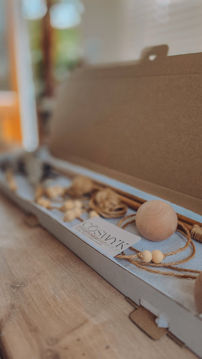 natural wood and feather cat toy set in wooden postage box to be delivered