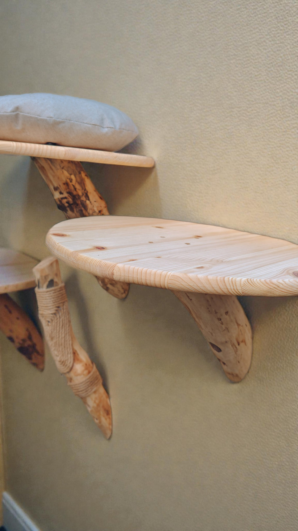 Wooden cat shelf with a cushion on a beige wall