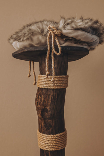 close up of solid wooden branch cat tree with fur cushion and rope scratching post