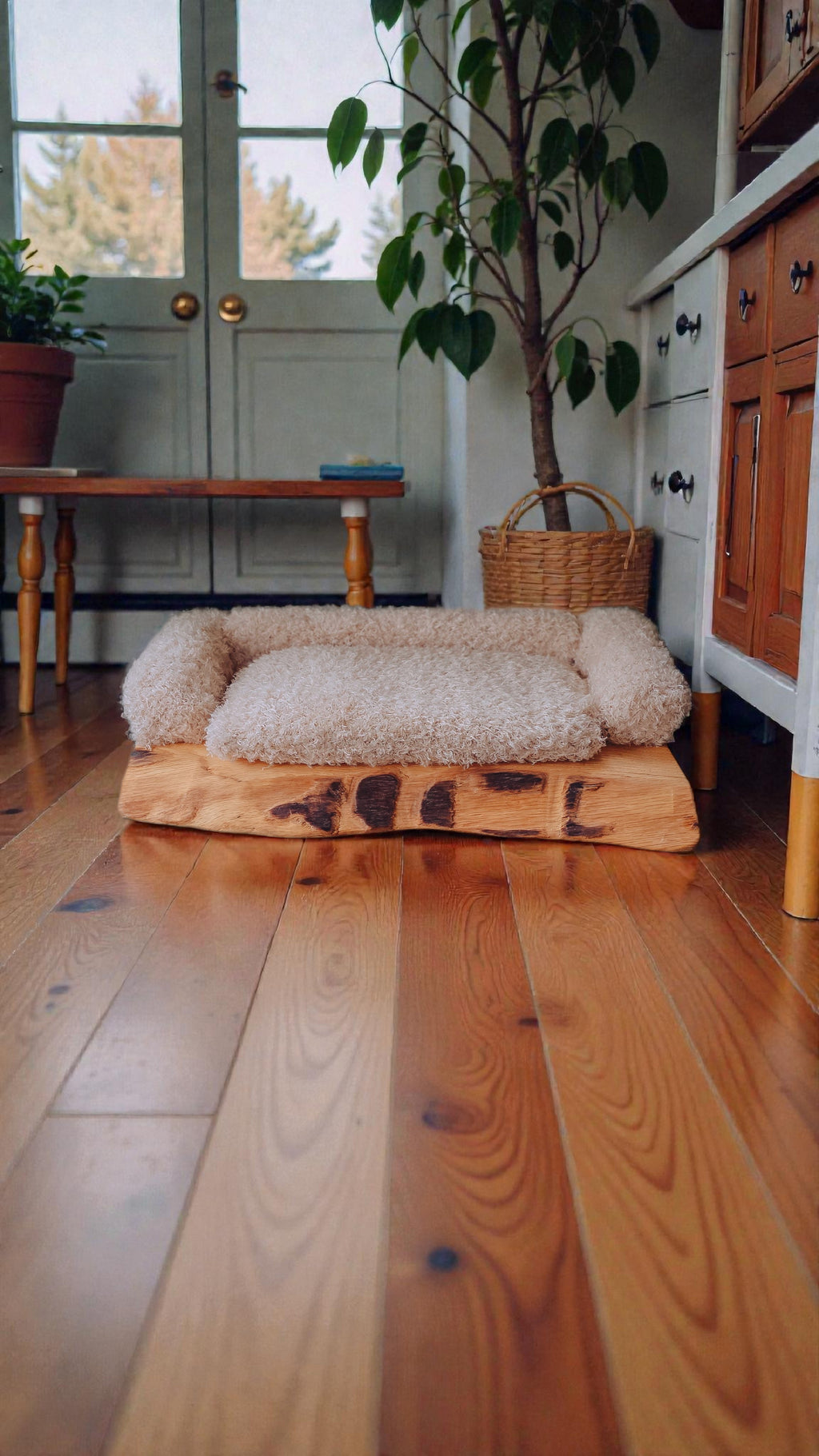 solid oak pet bed on a wooden floor with a plant and furniture in the background