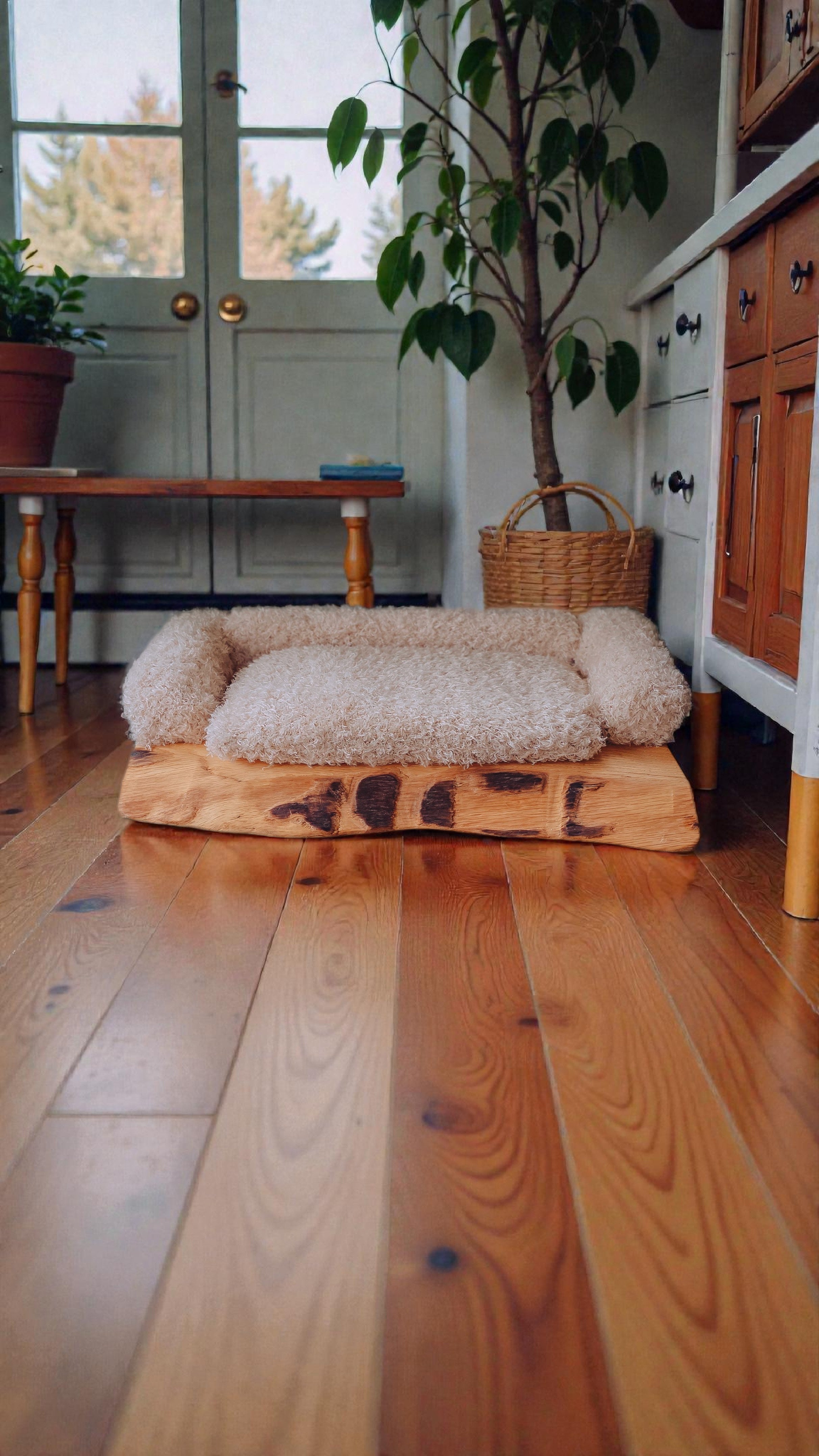 solid oak pet bed on a wooden floor with a plant and furniture in the background