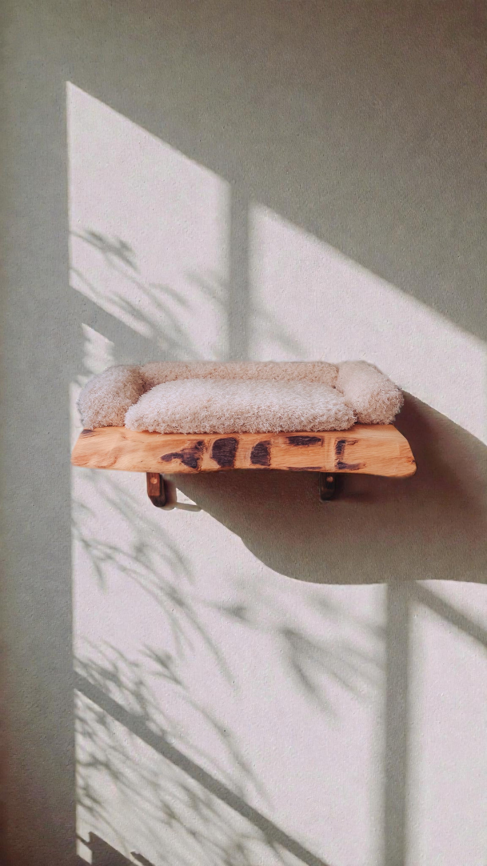 wall mounted solid oak cat bed with soft cushion. modular cat climbing wall.