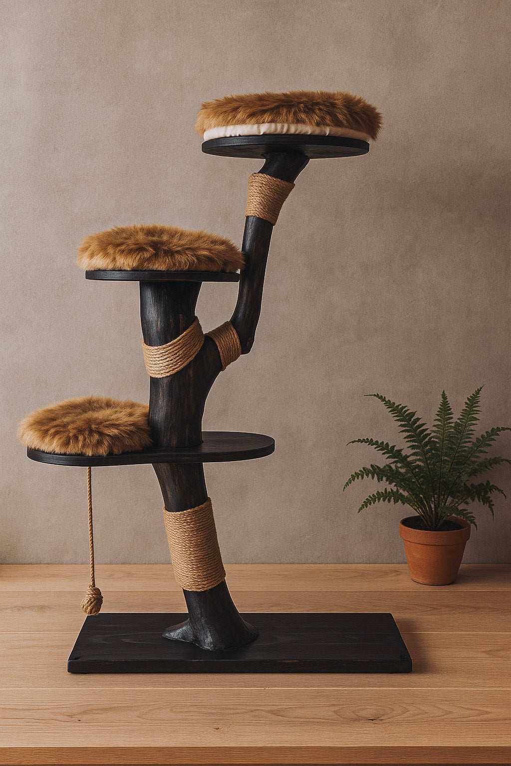 solid wood branch cat tree with fur cushioned platforms and rope scratching posts