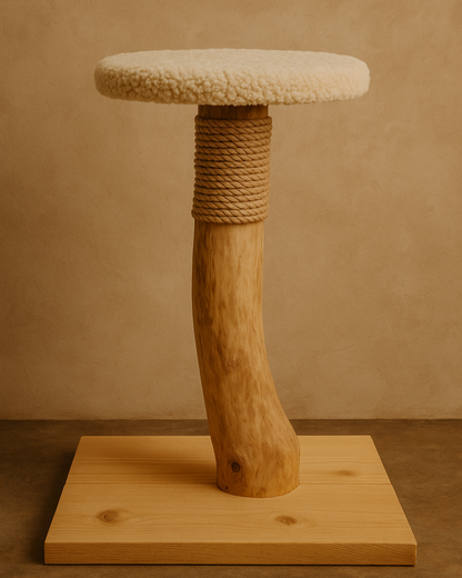 Cat tree with wooden base and rope perch on a beige background.