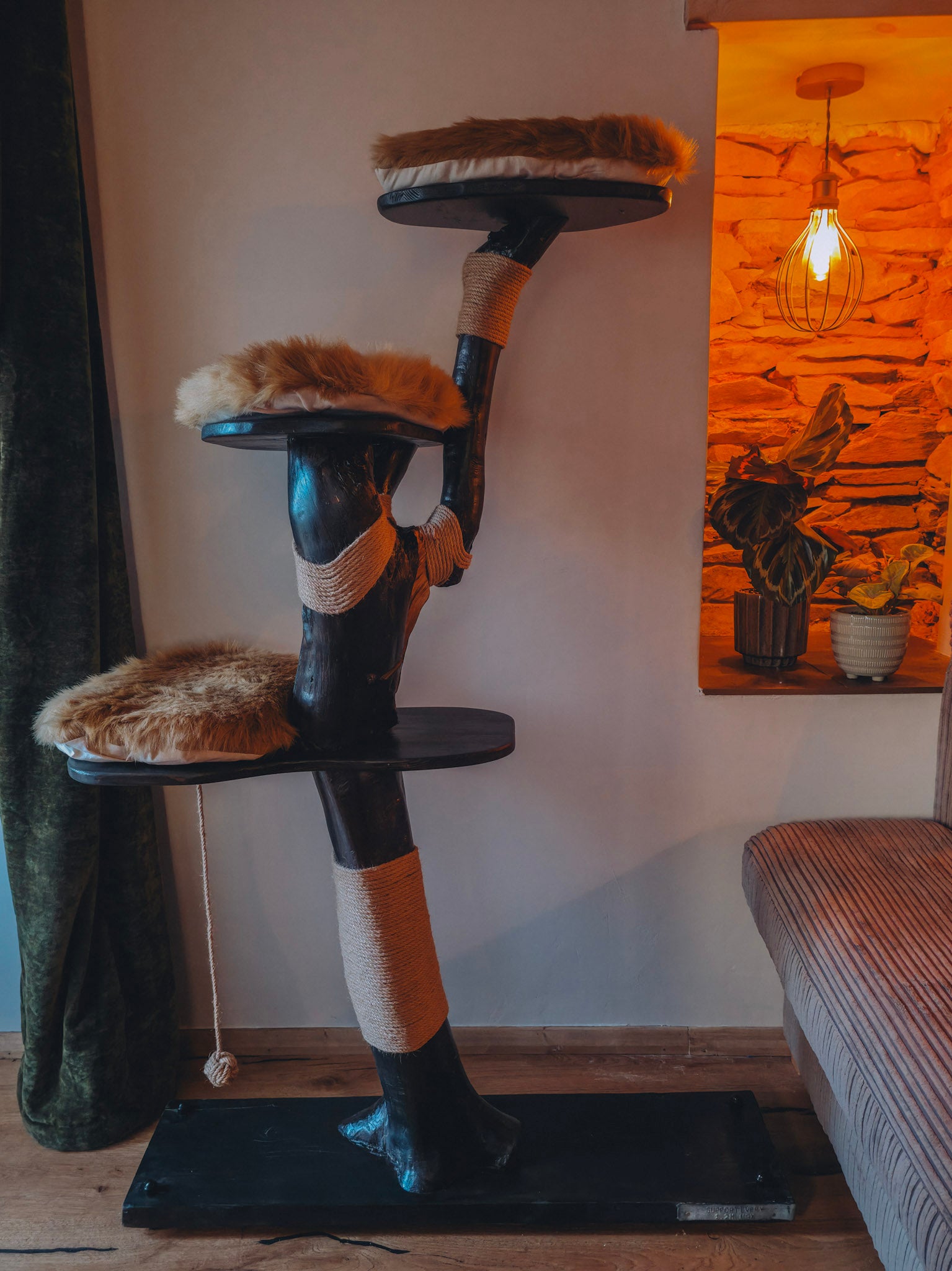 solid wood cat tree with rope scratching posts ball toy and fur cushions