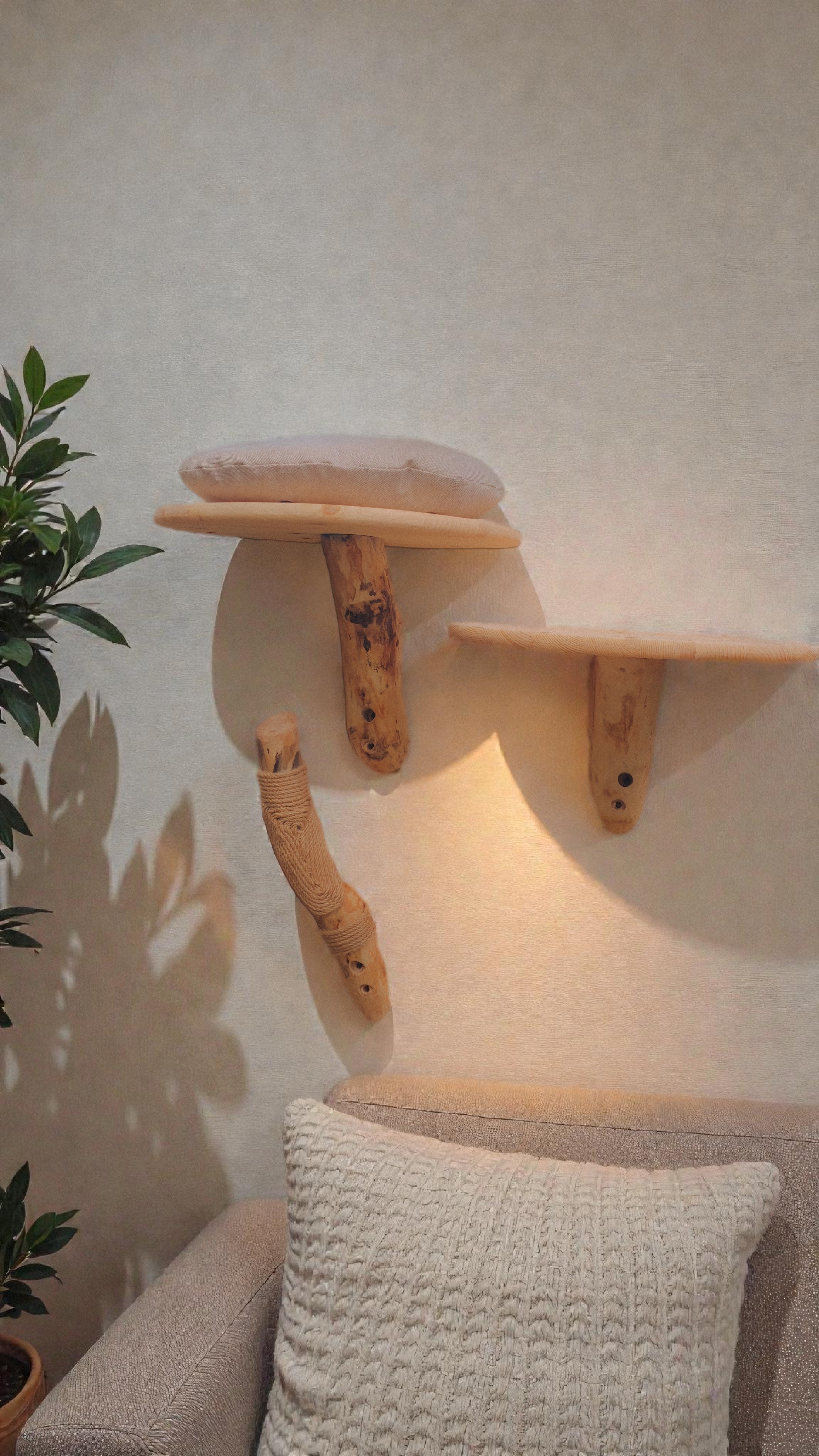 Wooden branch shelves on a wall with a plant and cushion in the foreground